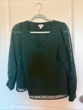 J. Crew Petite S Dark Teal Polka Dot V-Neck Blouse